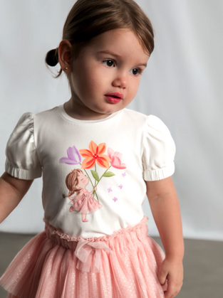 Mayoral Παιδική Μπλούζα Κοντομάνικη Εκρού με στάμπα κοριτσάκι