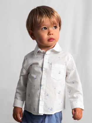 Mayoral Παιδικό Πουκάμισο Κοντομάνικο Λινό Λευκο με καραβάκια